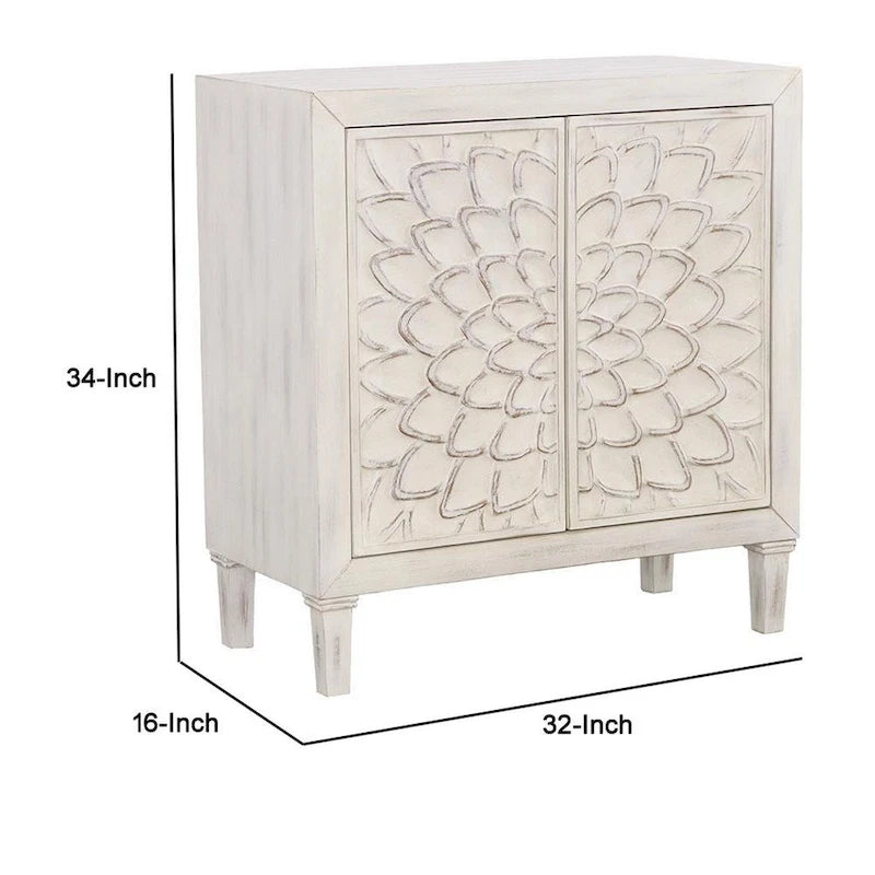 Cabinet d'appoint en bois à 2 portes avec sculptures florales, blanc délavé vieilli