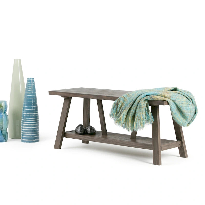 Banc d'entrée industriel en bois massif de 122 cm de large, couleur bois flotté