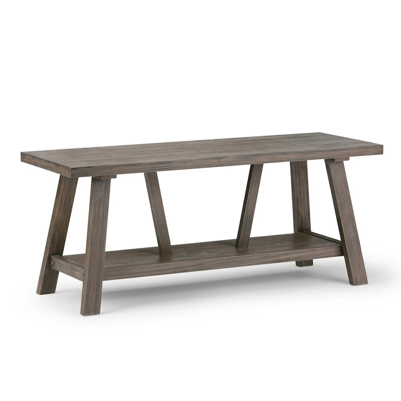 Banc d'entrée industriel en bois massif de 122 cm de large, couleur bois flotté