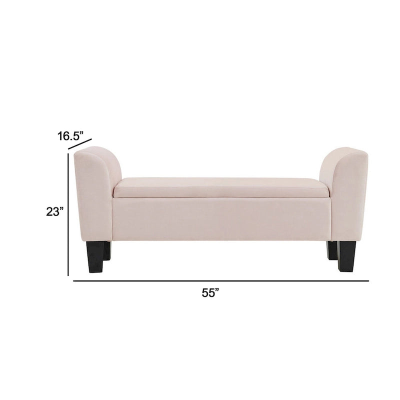 Banc ottoman avec rangement, rembourré, accoudoirs incurvés, velours rose