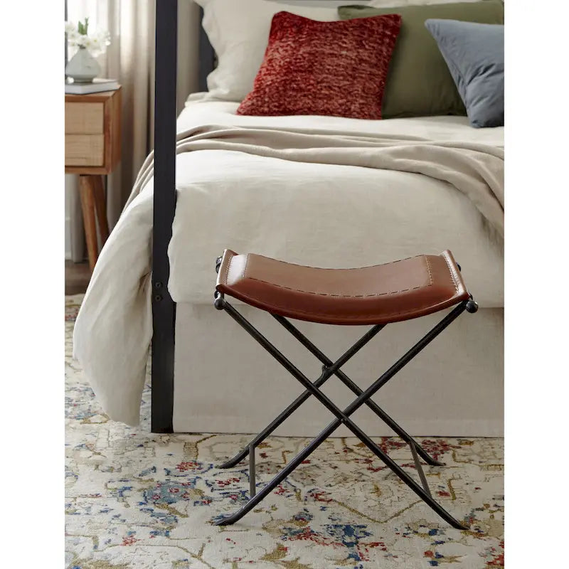 Banc d'appoint en cuir cannelle et selle