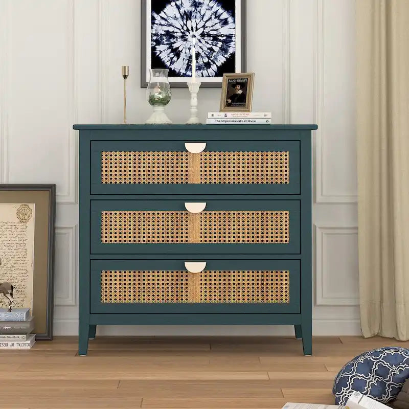 Commode 3 Tiroirs, Rotin Naturel, Idéale pour Chambre à Coucher