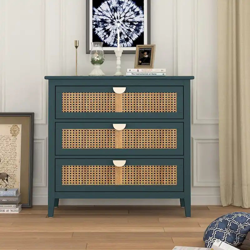 Commode 3 Tiroirs, Rotin Naturel, Idéale pour Chambre à Coucher