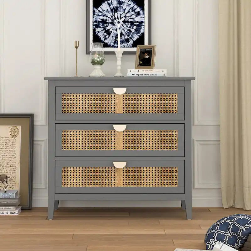 Commode 3 Tiroirs, Rotin Naturel, Idéale pour Chambre à Coucher