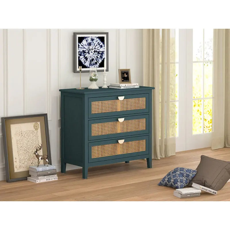 Commode 3 Tiroirs, Rotin Naturel, Idéale pour Chambre à Coucher