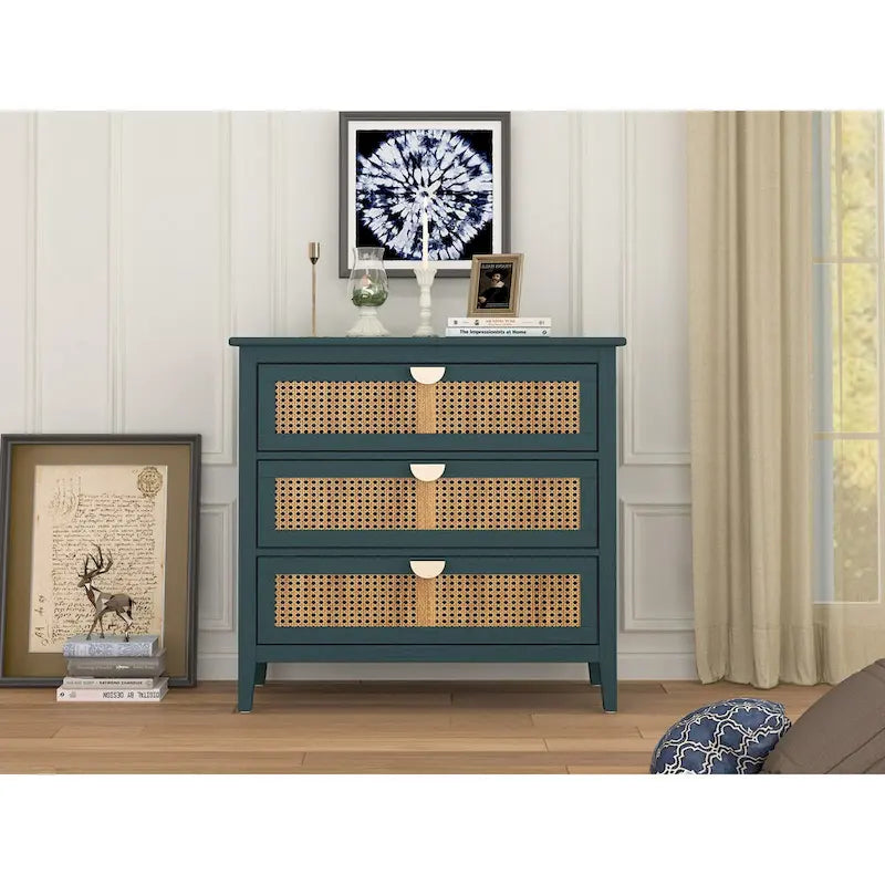 Commode 3 Tiroirs, Rotin Naturel, Idéale pour Chambre à Coucher