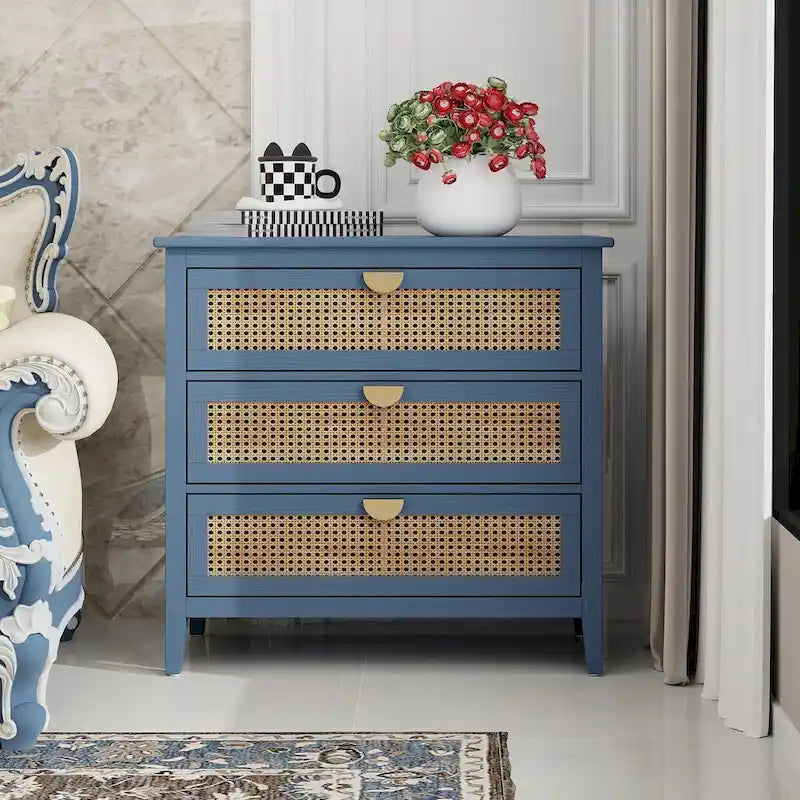 Commode 3 Tiroirs, Rotin Naturel, Idéale pour Chambre à Coucher
