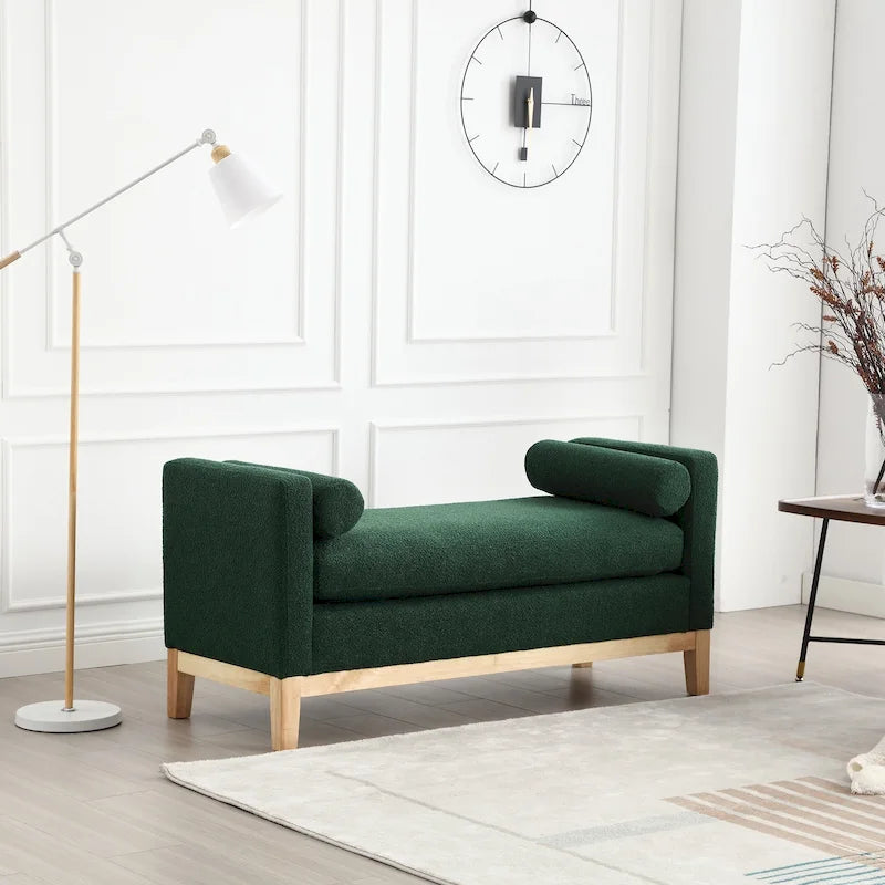 Banc rembourré pieds en bois et coussins traversins