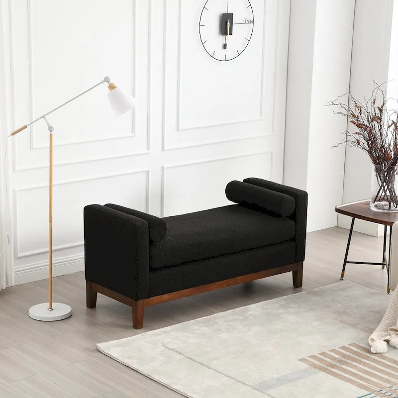 Banc rembourré pieds en bois et coussins traversins