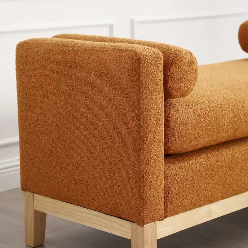 Banc rembourré pieds en bois et coussins traversins