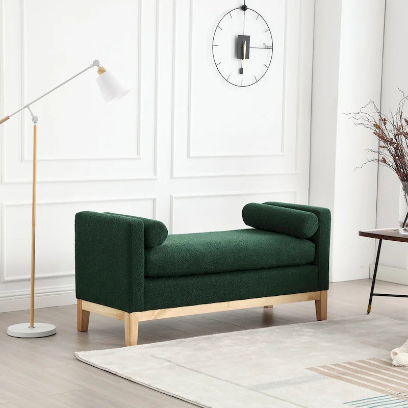 Banc rembourré pieds en bois et coussins traversins
