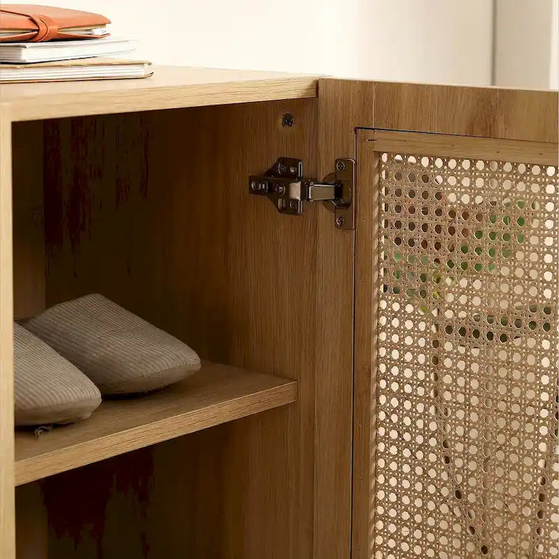 Meuble à chaussures double porte en cannage avec grand espace de rangement