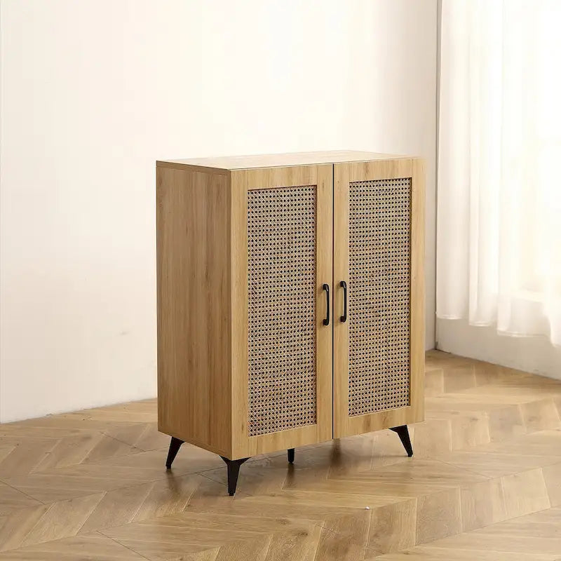 Meuble à chaussures double porte en cannage avec grand espace de rangement