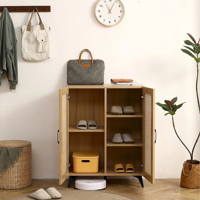 Meuble à chaussures double porte en cannage avec grand espace de rangement