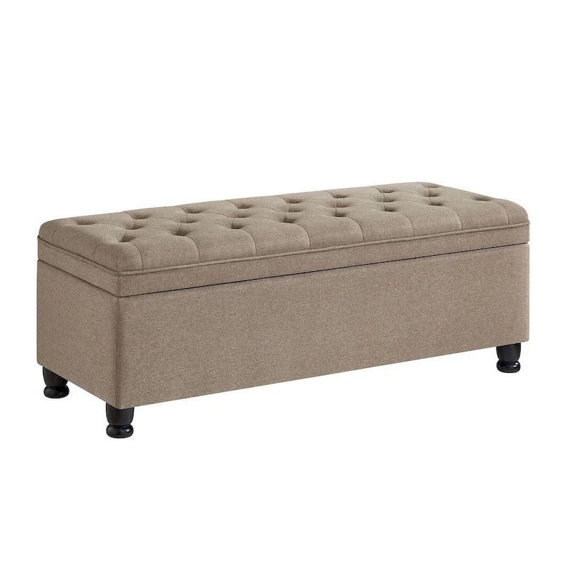 Tabouret de rangement en tissu de lin avec pieds en bois tourné