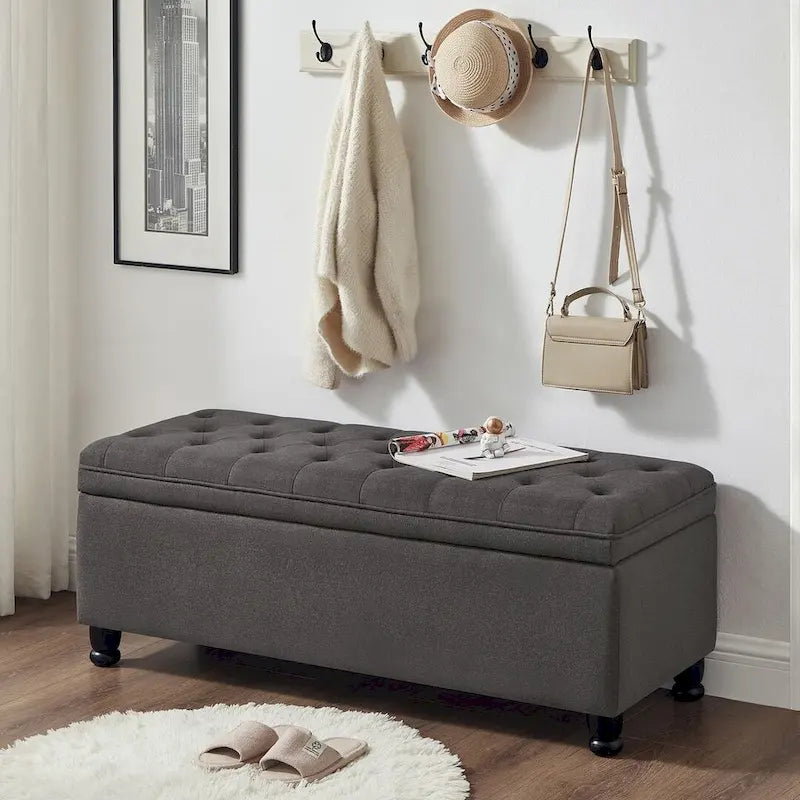 Tabouret de rangement en tissu de lin avec pieds en bois tourné