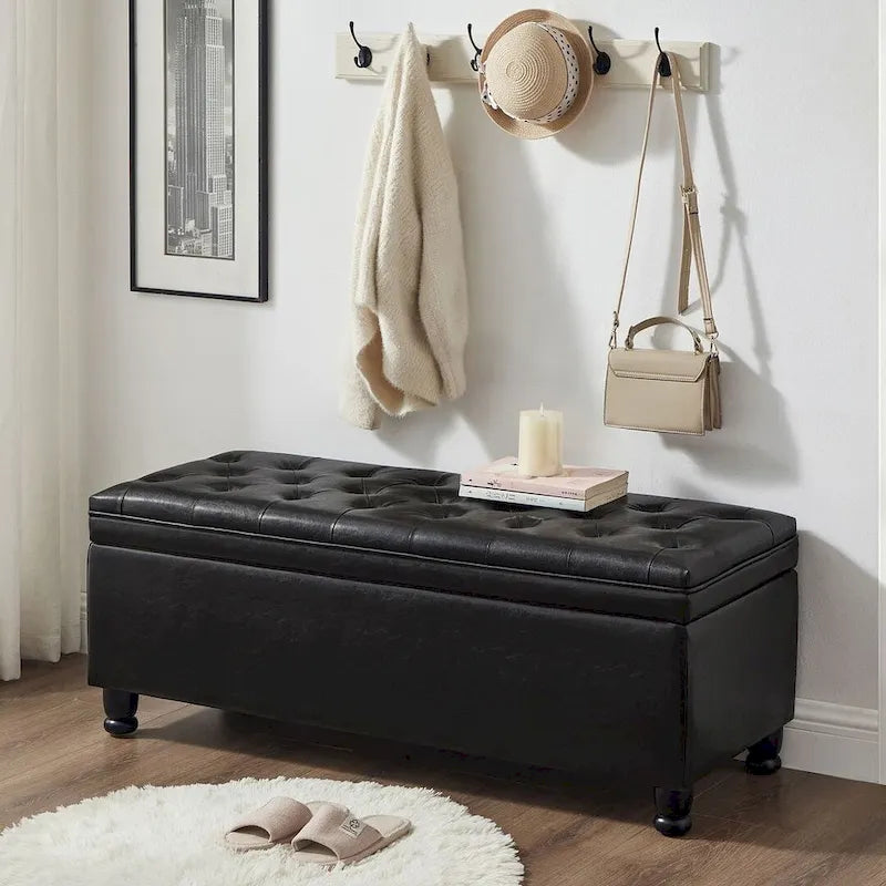 Tabouret de rangement en tissu de lin avec pieds en bois tourné