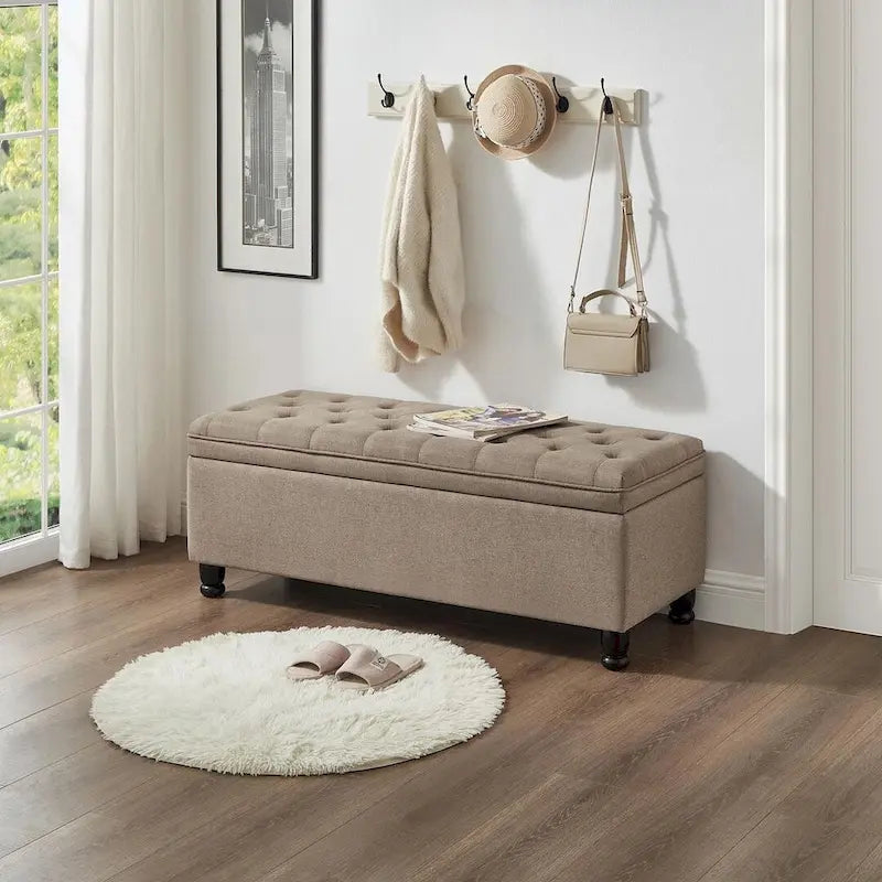 Tabouret de rangement en tissu de lin avec pieds en bois tourné
