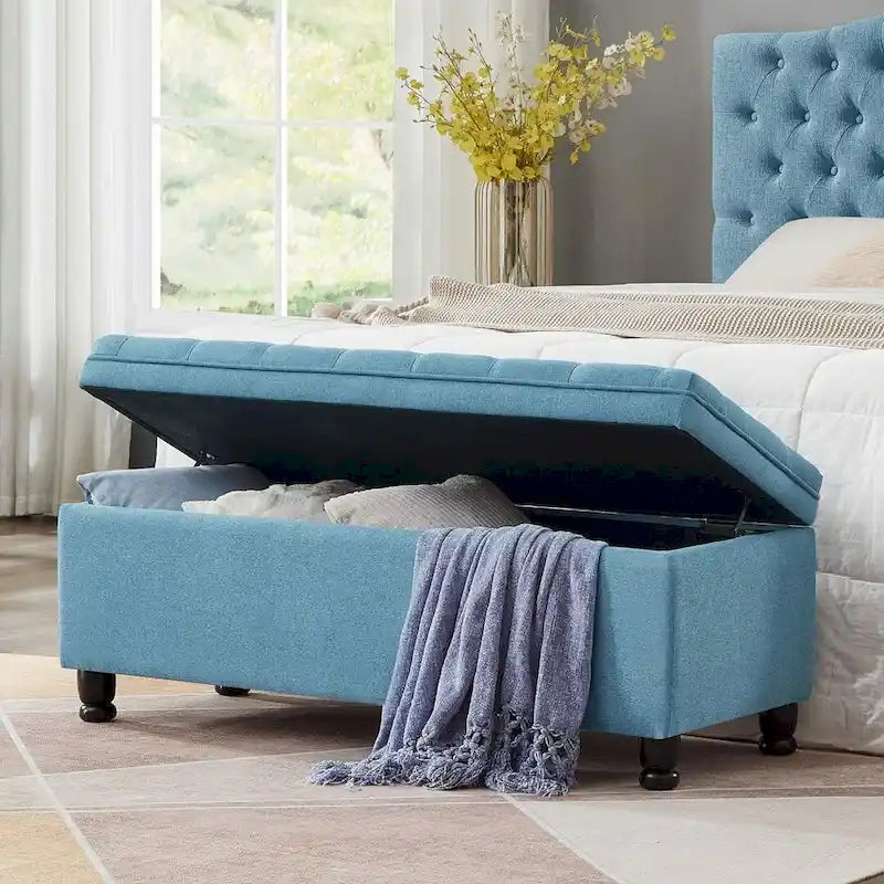 Tabouret de rangement en tissu de lin avec pieds en bois tourné