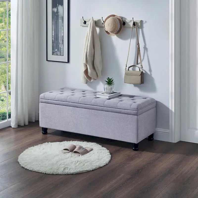 Tabouret de rangement en tissu de lin avec pieds en bois tourné