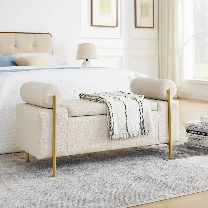 Elegant Upholstered Linen Storage Bench with Cylindrical Arms and Iron Legs for Hallway Living Room Bedroom, Beige