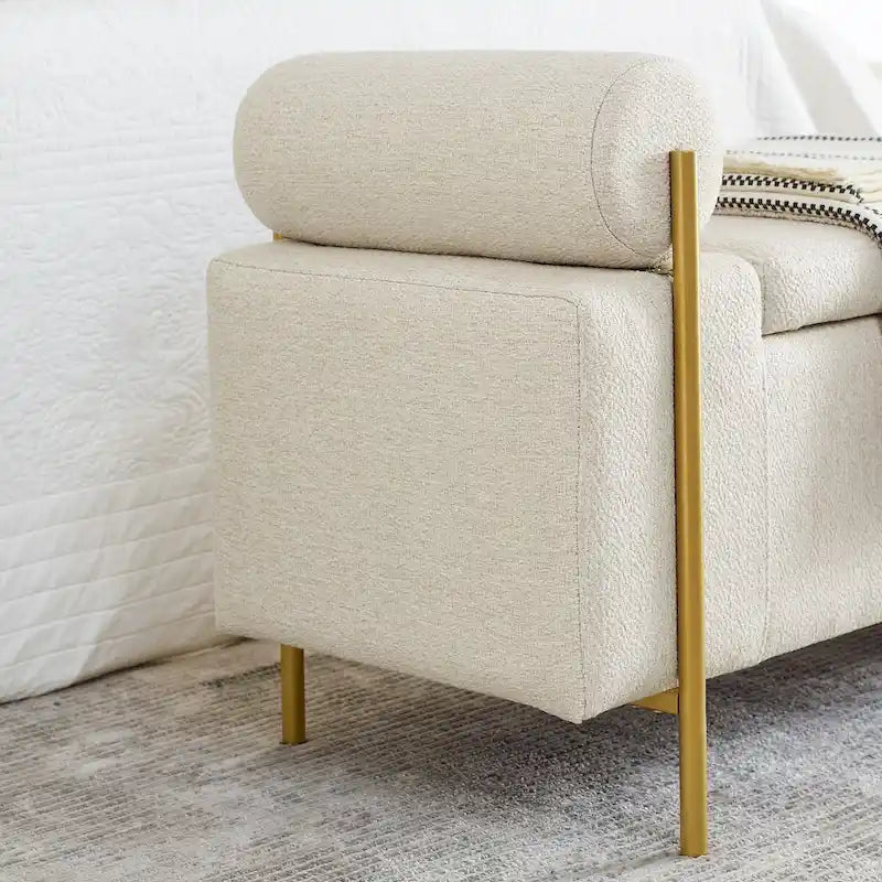 Banc de rangement élégant en lin rembourré avec accoudoirs cylindriques et pieds en fer