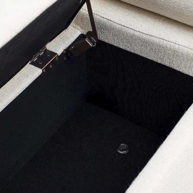 Banc de rangement élégant en lin rembourré avec accoudoirs cylindriques et pieds en fer