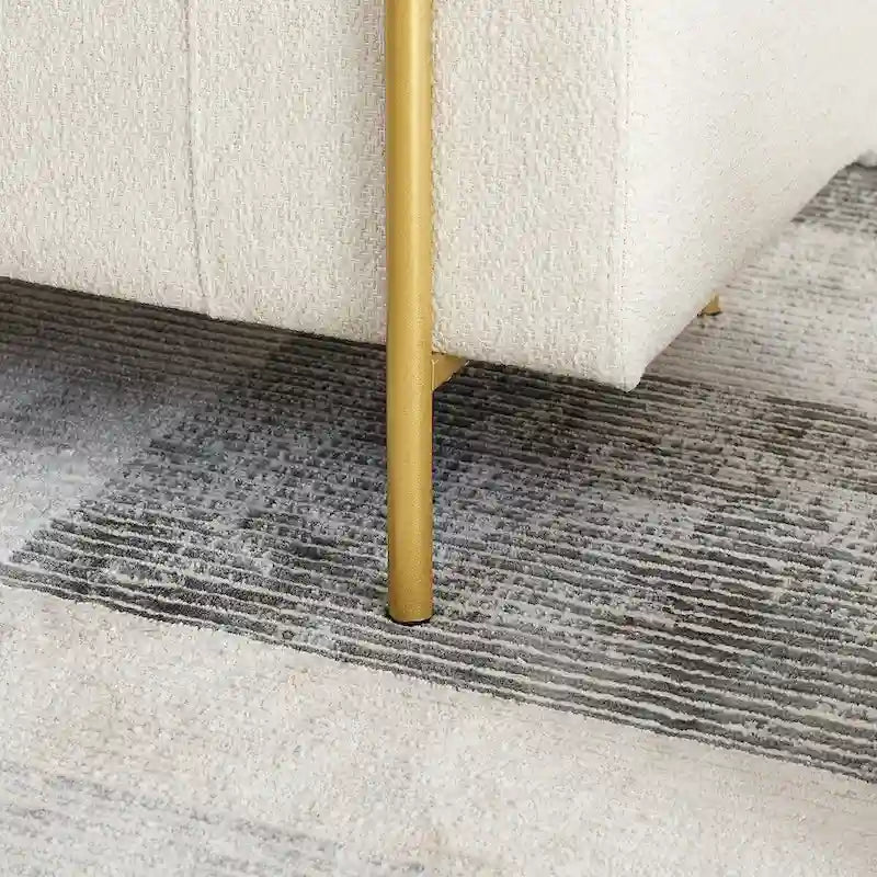 Banc de rangement élégant en lin rembourré avec accoudoirs cylindriques et pieds en fer