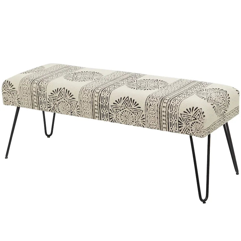 Banc en métal floral, à motifs de losanges ou tribal avec pieds épingle à cheveux en métal