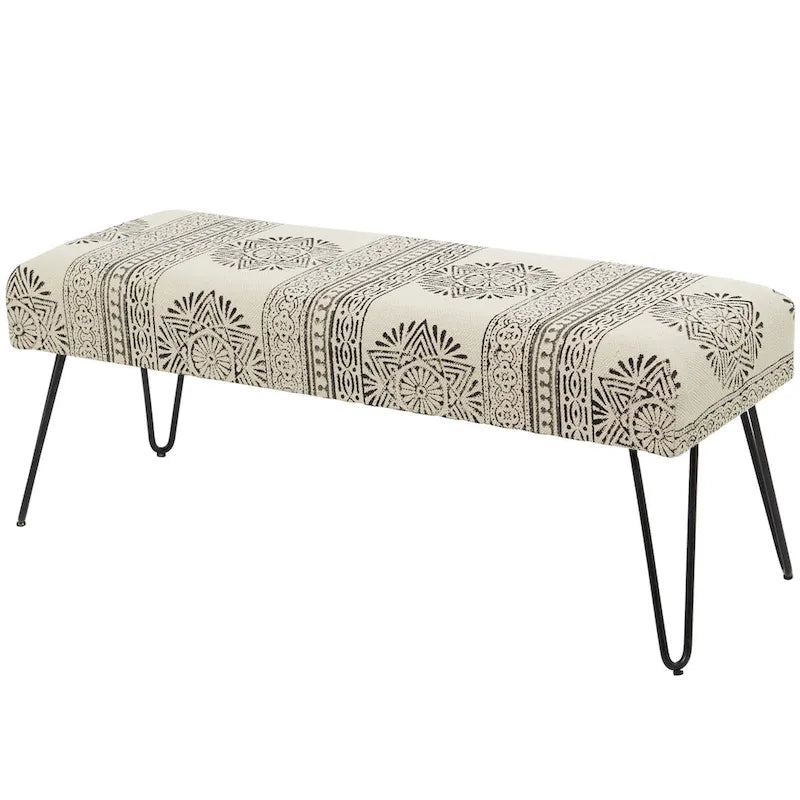 Metal Floral, Diamond or Tribal Bench with Metal Hairpin Legs - White, Gray or Multi Colored - Roche River Decor