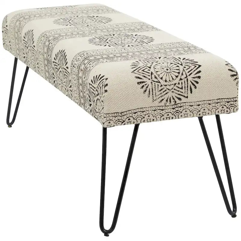 Banc en métal floral, à motifs de losanges ou tribal avec pieds épingle à cheveux en métal