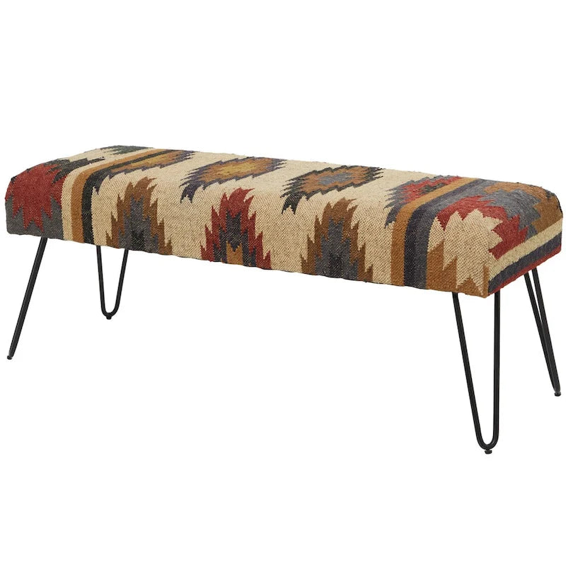 Banc en métal floral, à motifs de losanges ou tribal avec pieds épingle à cheveux en métal