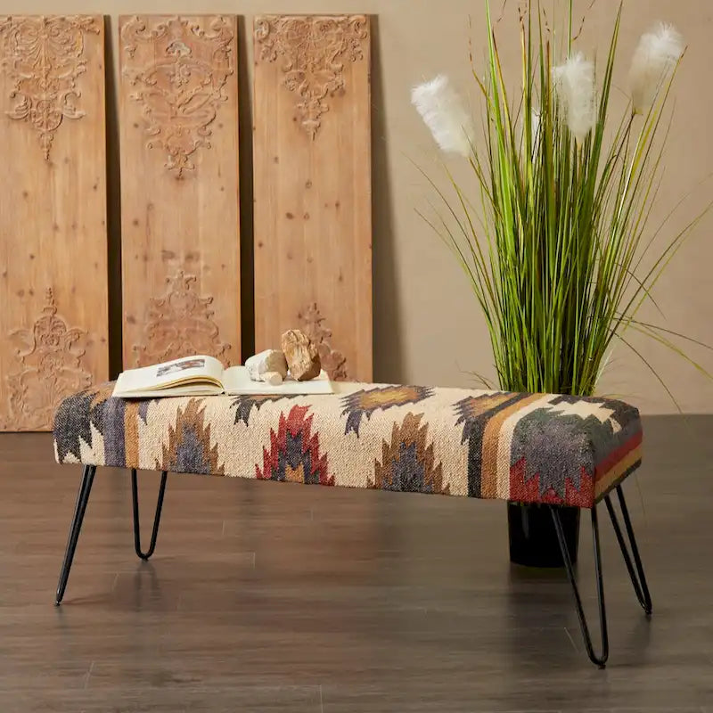 Banc en métal floral, à motifs de losanges ou tribal avec pieds épingle à cheveux en métal