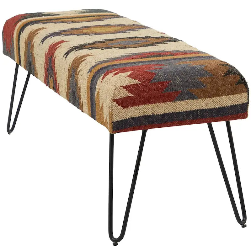 Banc en métal floral, à motifs de losanges ou tribal avec pieds épingle à cheveux en métal