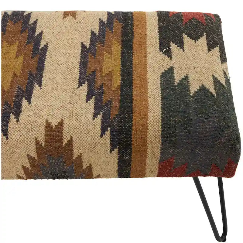 Banc en métal floral, à motifs de losanges ou tribal avec pieds épingle à cheveux en métal