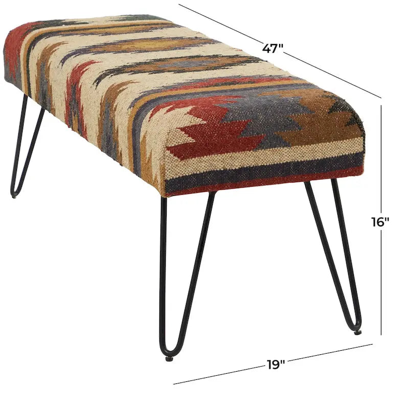 Banc en métal floral, à motifs de losanges ou tribal avec pieds épingle à cheveux en métal