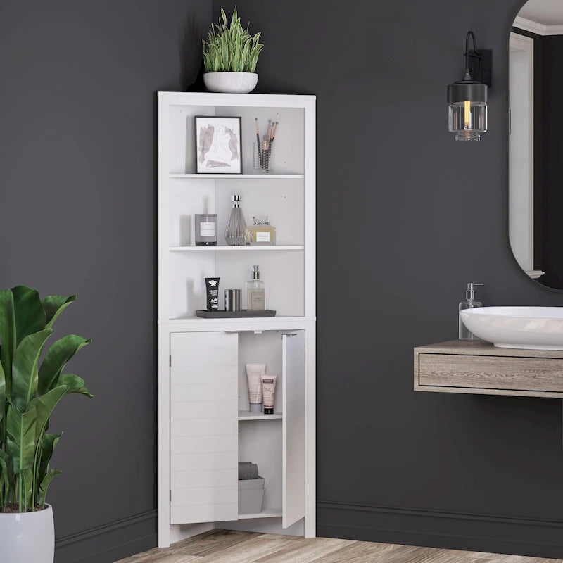 Armoire de rangement d'angle haute de salle de bain avec étagères ouvertes