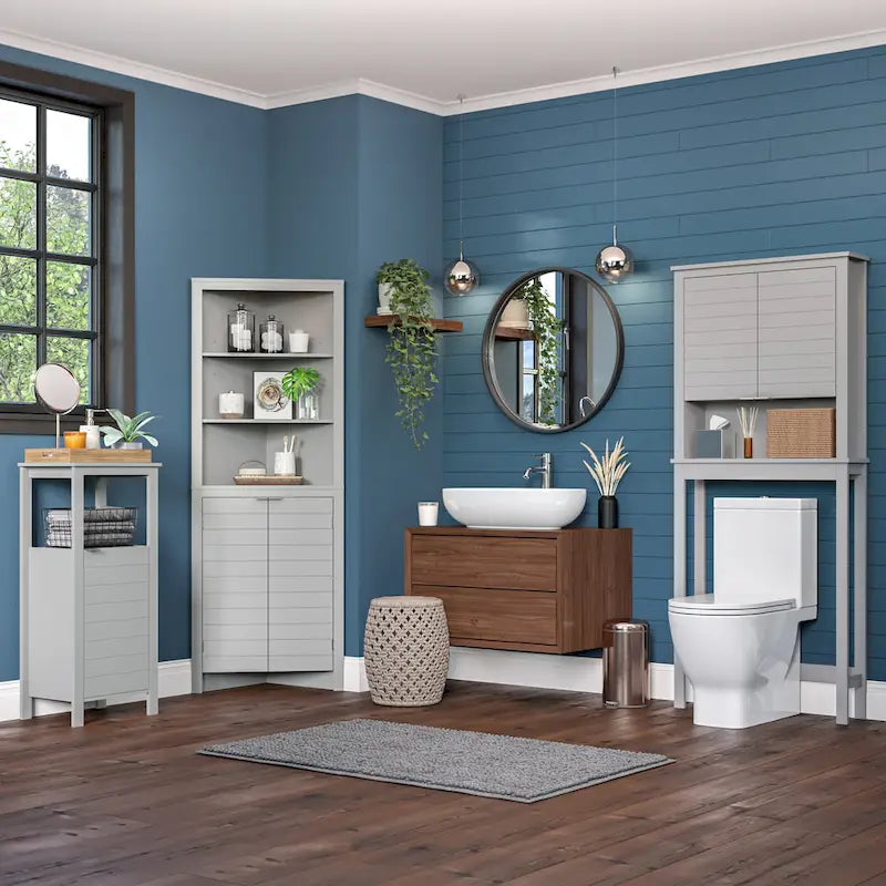 Armoire de rangement d'angle haute de salle de bain avec étagères ouvertes