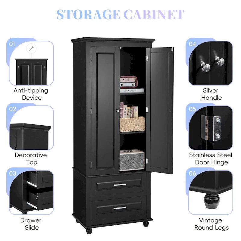 Meuble de rangement haut avec deux tiroirs pour salle de bain/bureau, noir