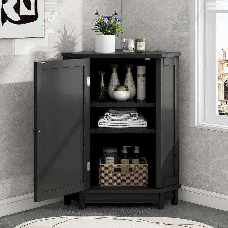 Meuble de salle de bain d'angle noir en forme de triangle avec étagère réglable