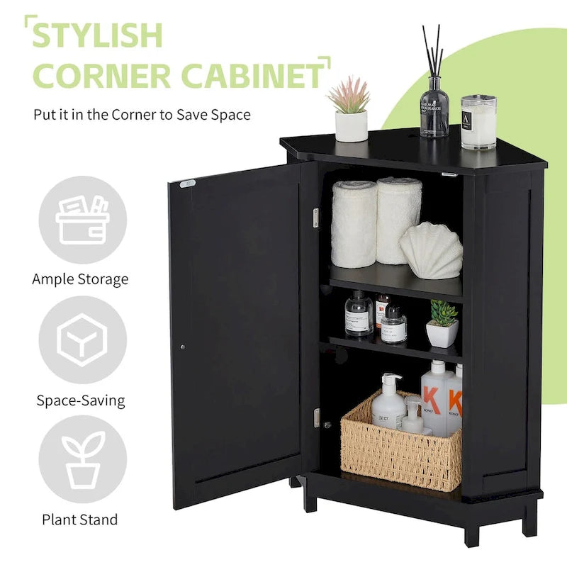 Meuble de salle de bain d'angle noir en forme de triangle avec étagère réglable