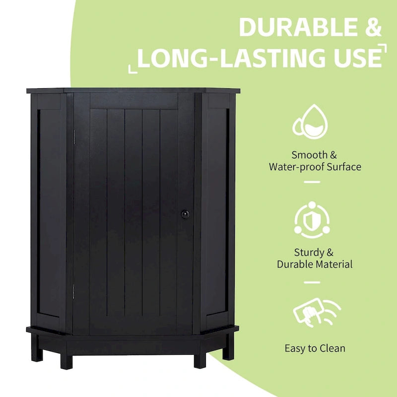 Meuble de salle de bain d'angle noir en forme de triangle avec étagère réglable