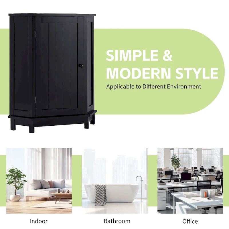 Meuble de salle de bain d'angle noir en forme de triangle avec étagère réglable