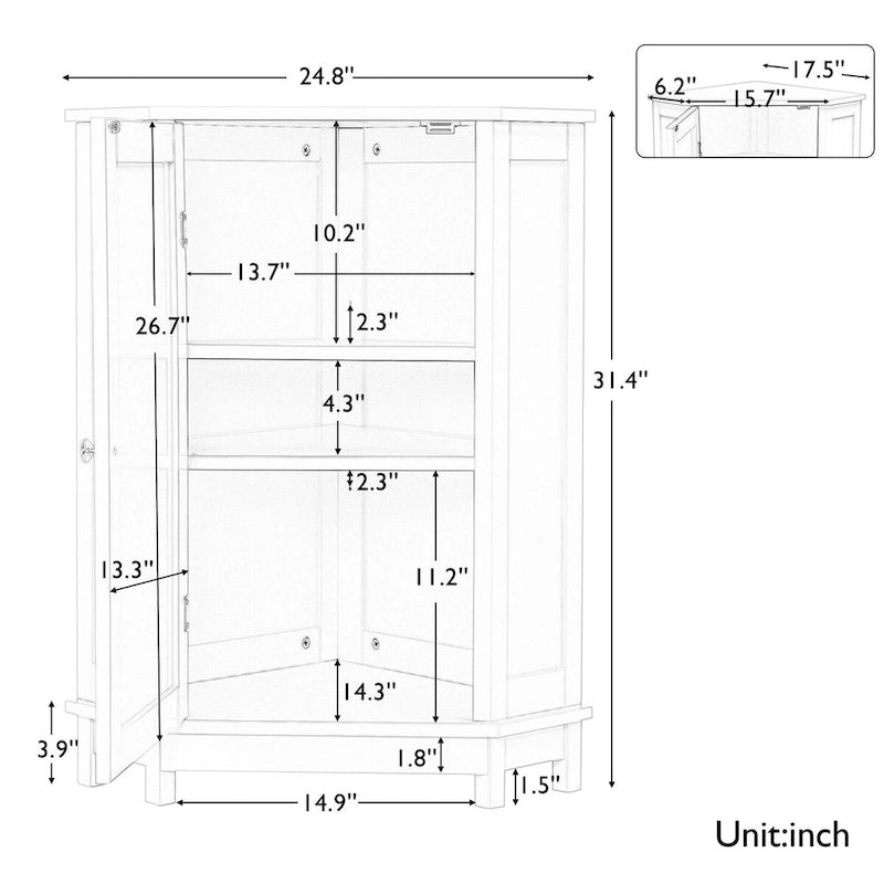Meuble de salle de bain d'angle noir en forme de triangle avec étagère réglable