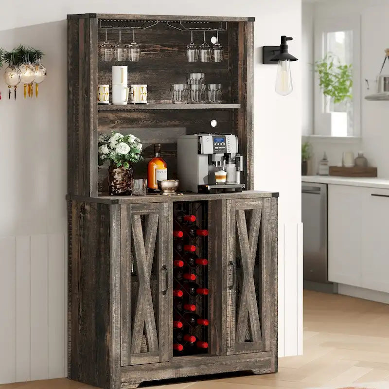 Meuble de bar de ferme avec casier à vin et lumières LED, Buffet de rangement