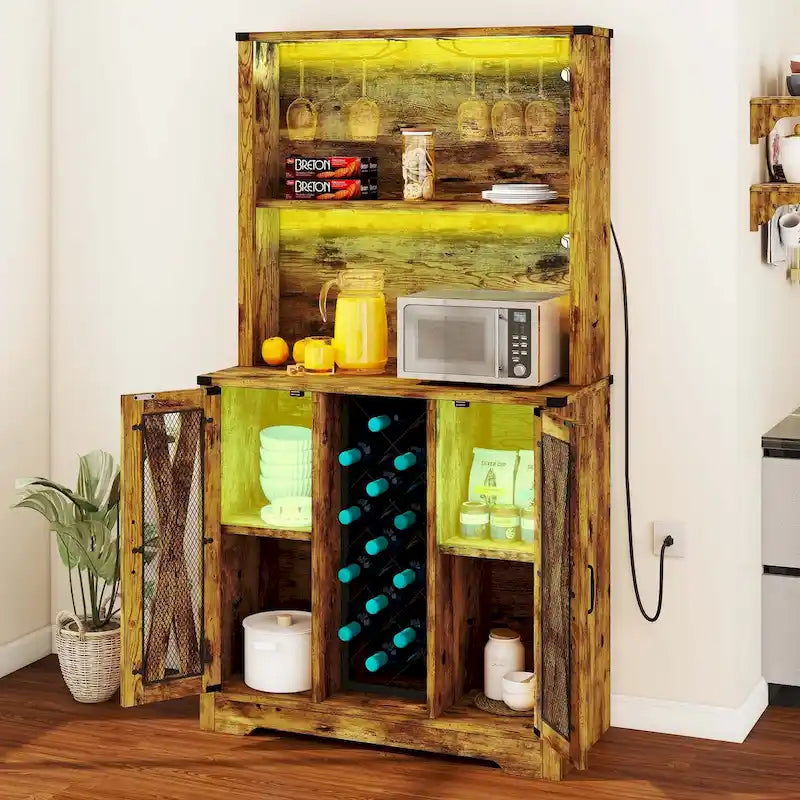 Meuble de bar de ferme avec casier à vin et lumières LED, Buffet de rangement