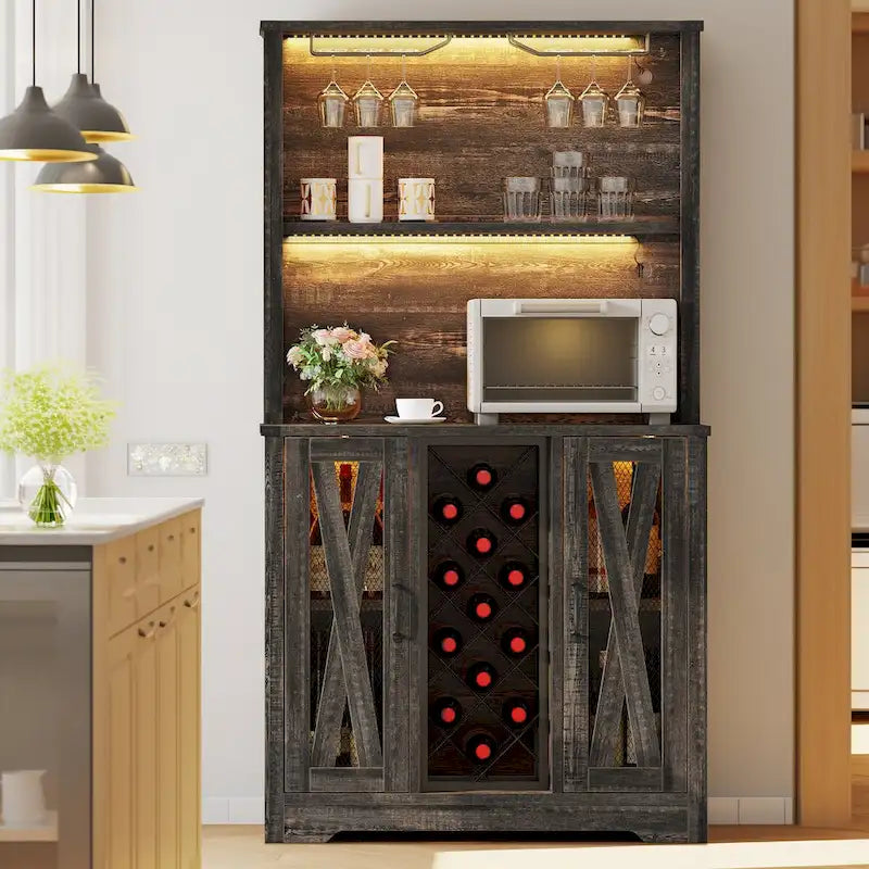 Meuble de bar de ferme avec casier à vin et lumières LED, Buffet de rangement