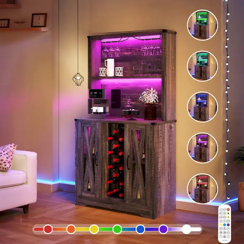 Meuble de bar de ferme avec casier à vin et lumières LED, Buffet de rangement