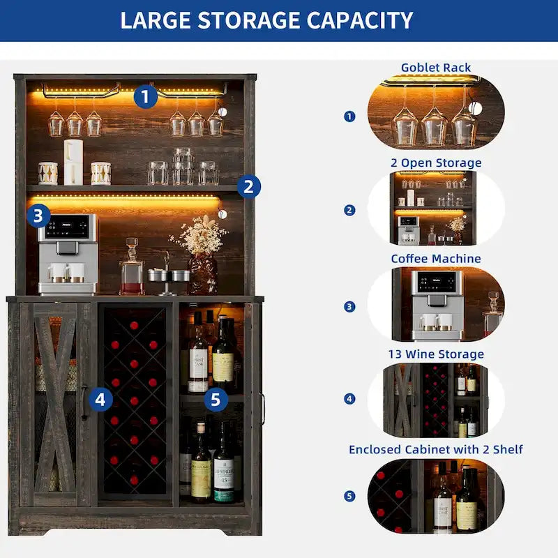 Meuble de bar de ferme avec casier à vin et lumières LED, Buffet de rangement