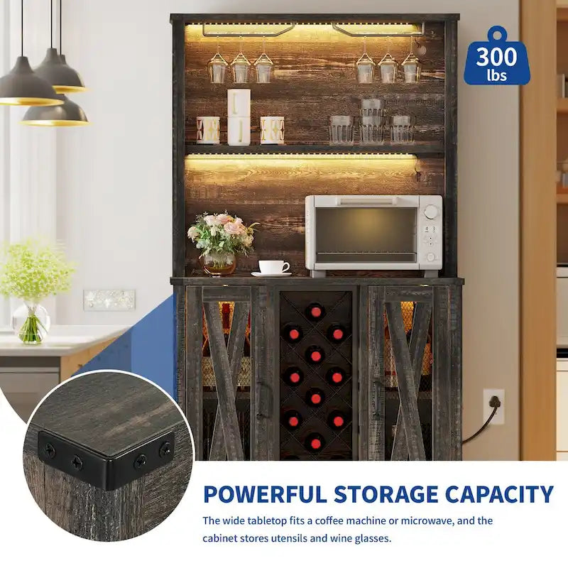 Meuble de bar de ferme avec casier à vin et lumières LED, Buffet de rangement
